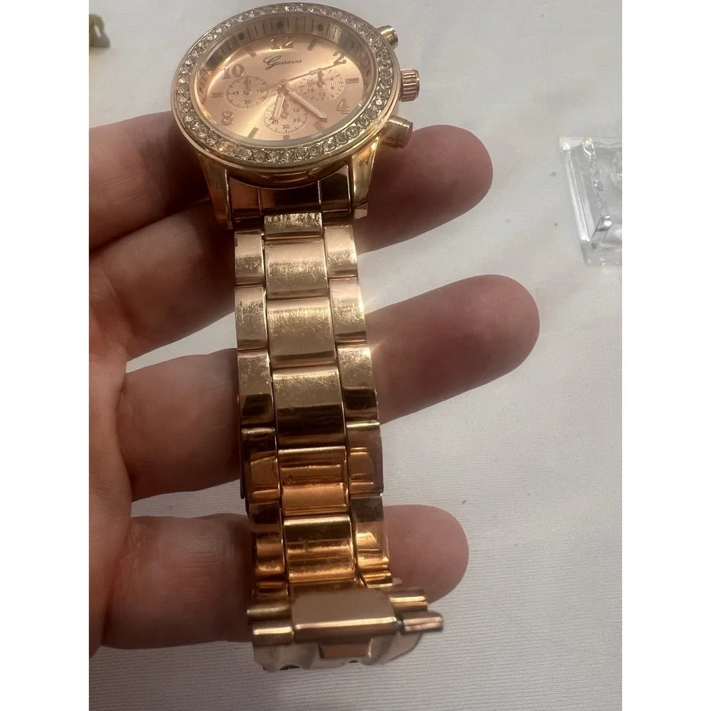 Geneva Watch Women's Rose Gold, Rhinestones On Bezel, Stainless Steel Band